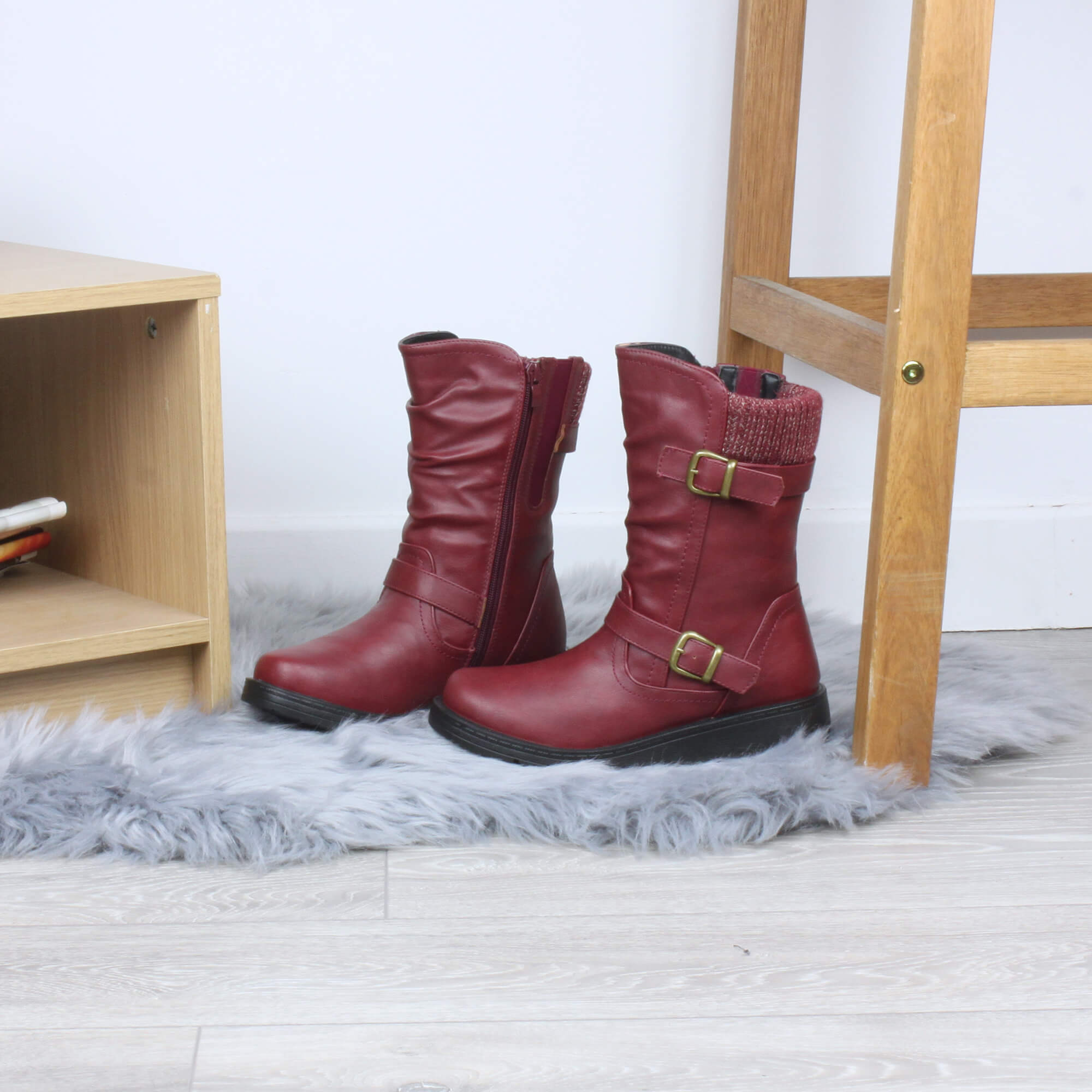 Burgundy AJVANI Burgundy Low Wedge Heel Comfort Calf Biker Boots, Image 4 of 6