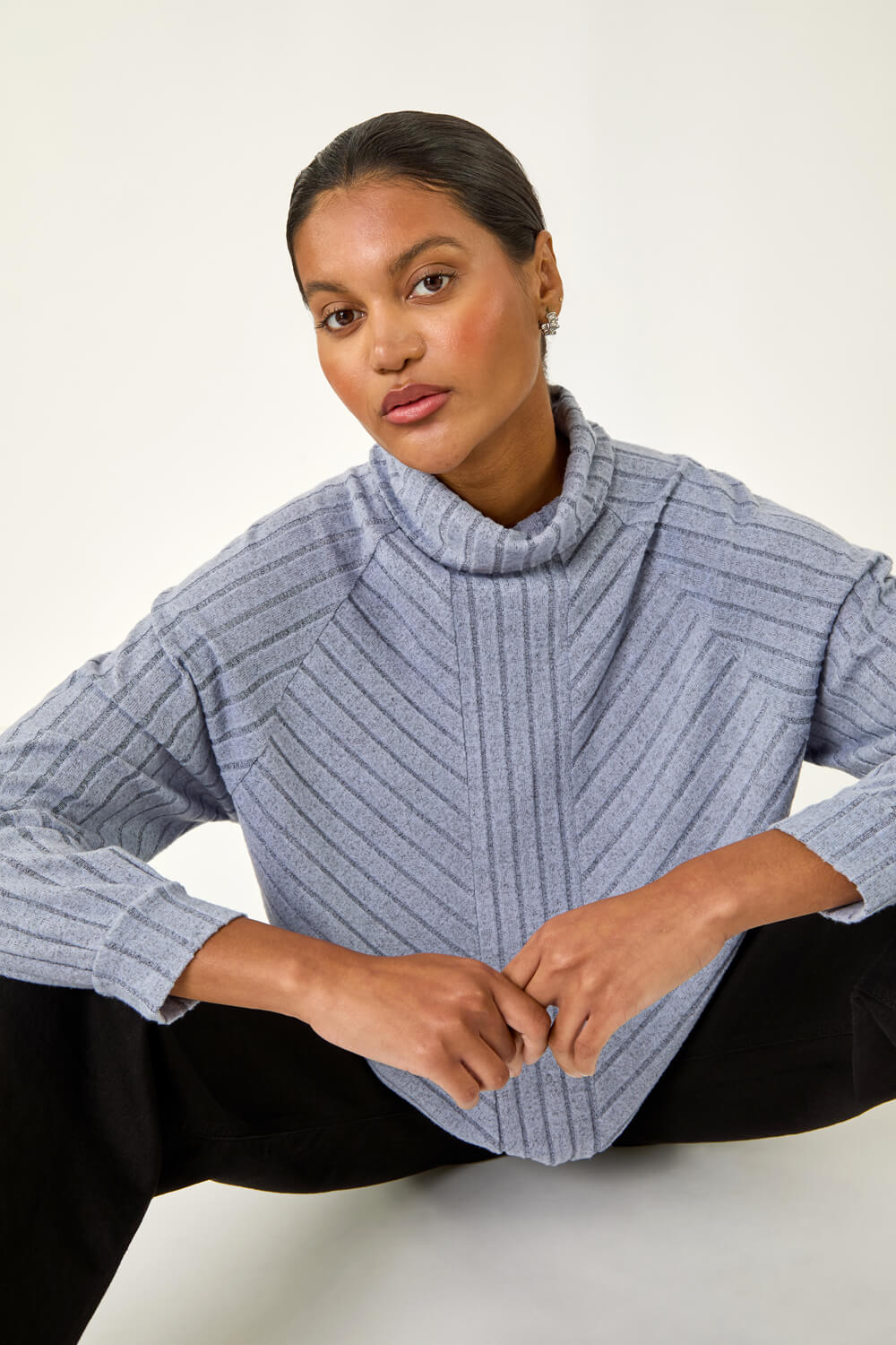 Light Blue Textured Stripe Cowl Neck Top, Image 4 of 5