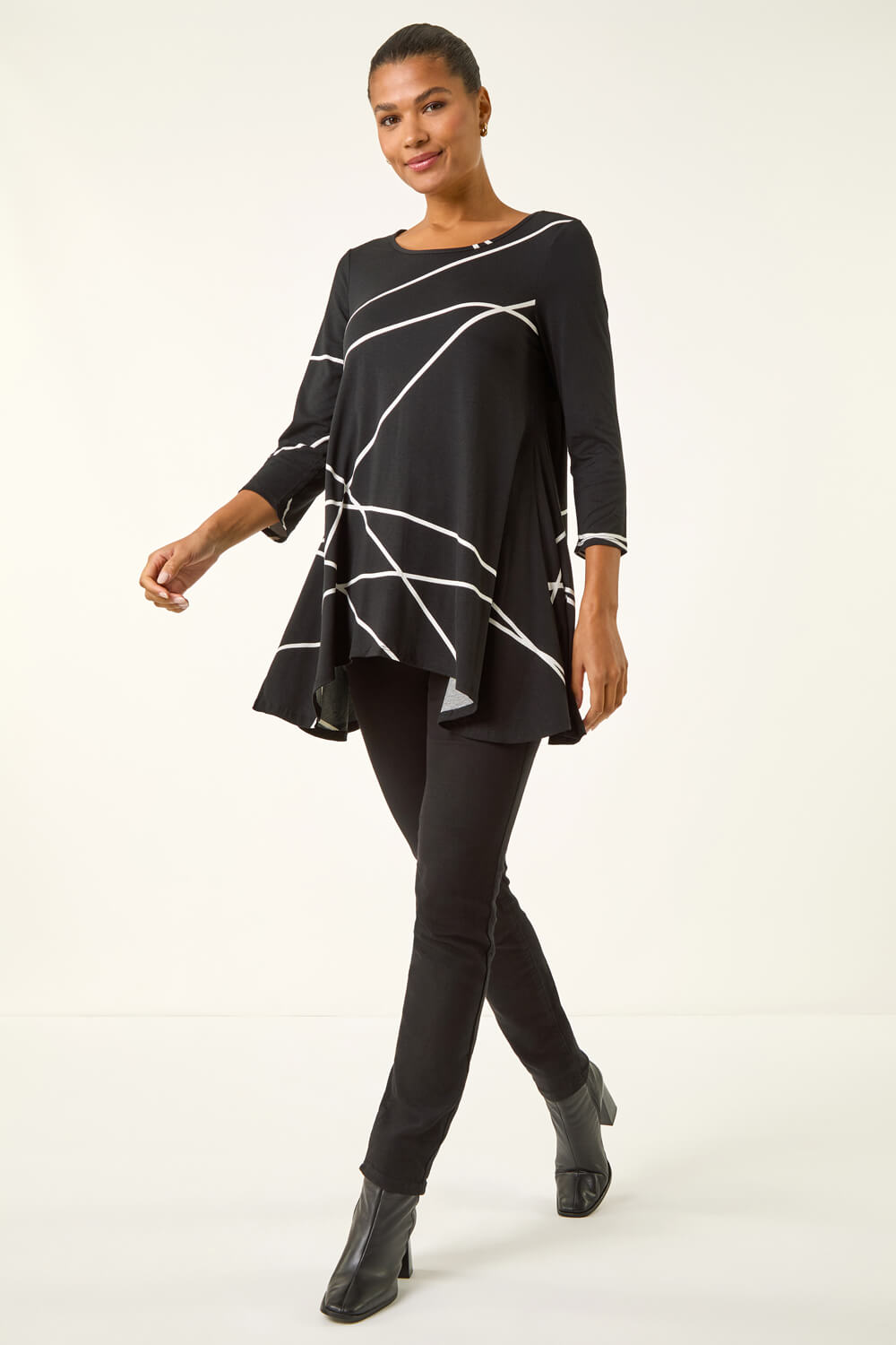 Black Linear Print Hanky Hem Top, Image 3 of 5