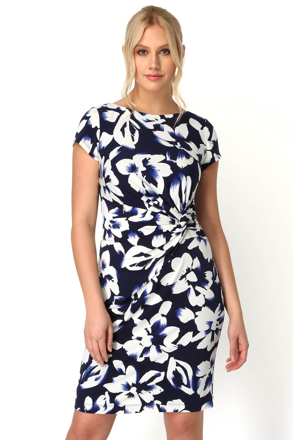 Navy Floral Ruched Waist Dress, Image 1 of 4