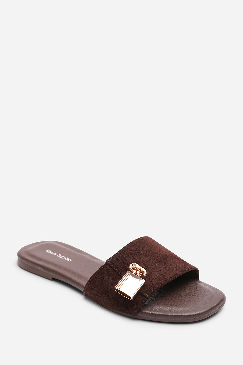 Dark Brown Solana Gold Trim Flat Slide On Sandal, Image 1 of 6