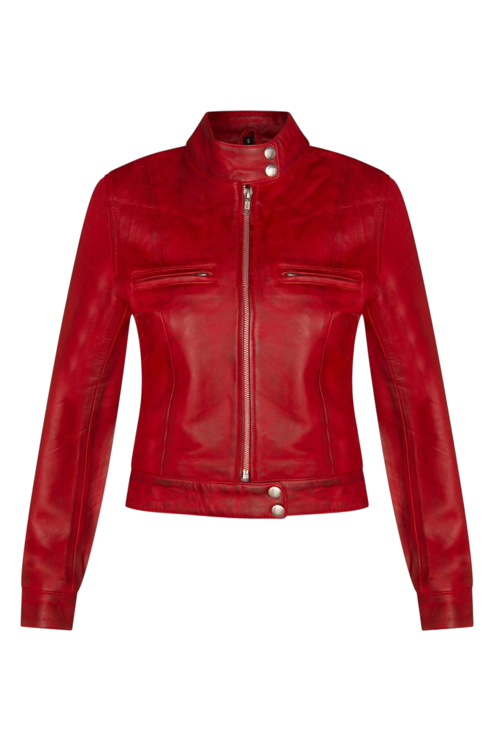 Red Womens Leather Moto Biker Jacket-Braga, Image 1 of 4