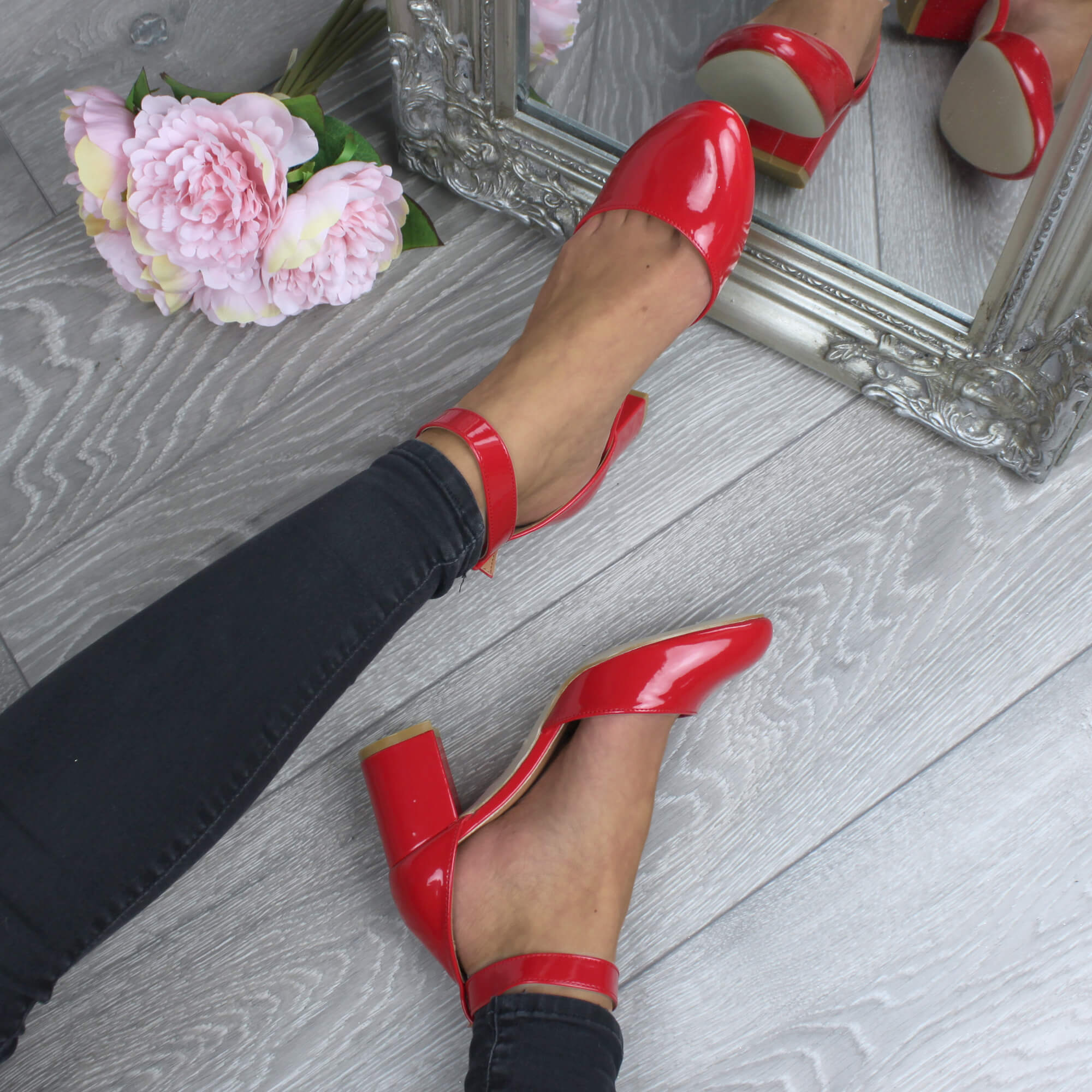 Red AJVANI Red Mid Block Heel Ankle Strap 2 Part Heels, Image 5 of 6