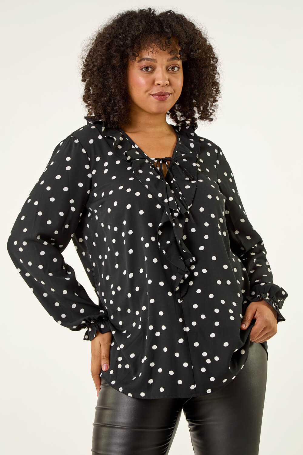 Black Curve Polka Dot Ruffle Top | Roman UK
