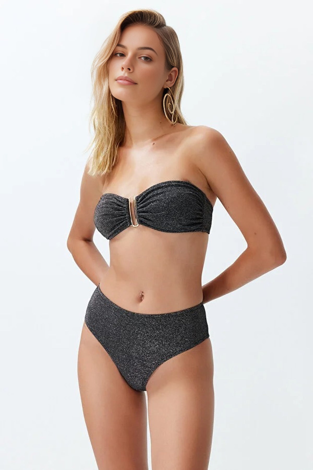 Pink Bandeau Bikini Set With Metal Bar Detail And Straps
