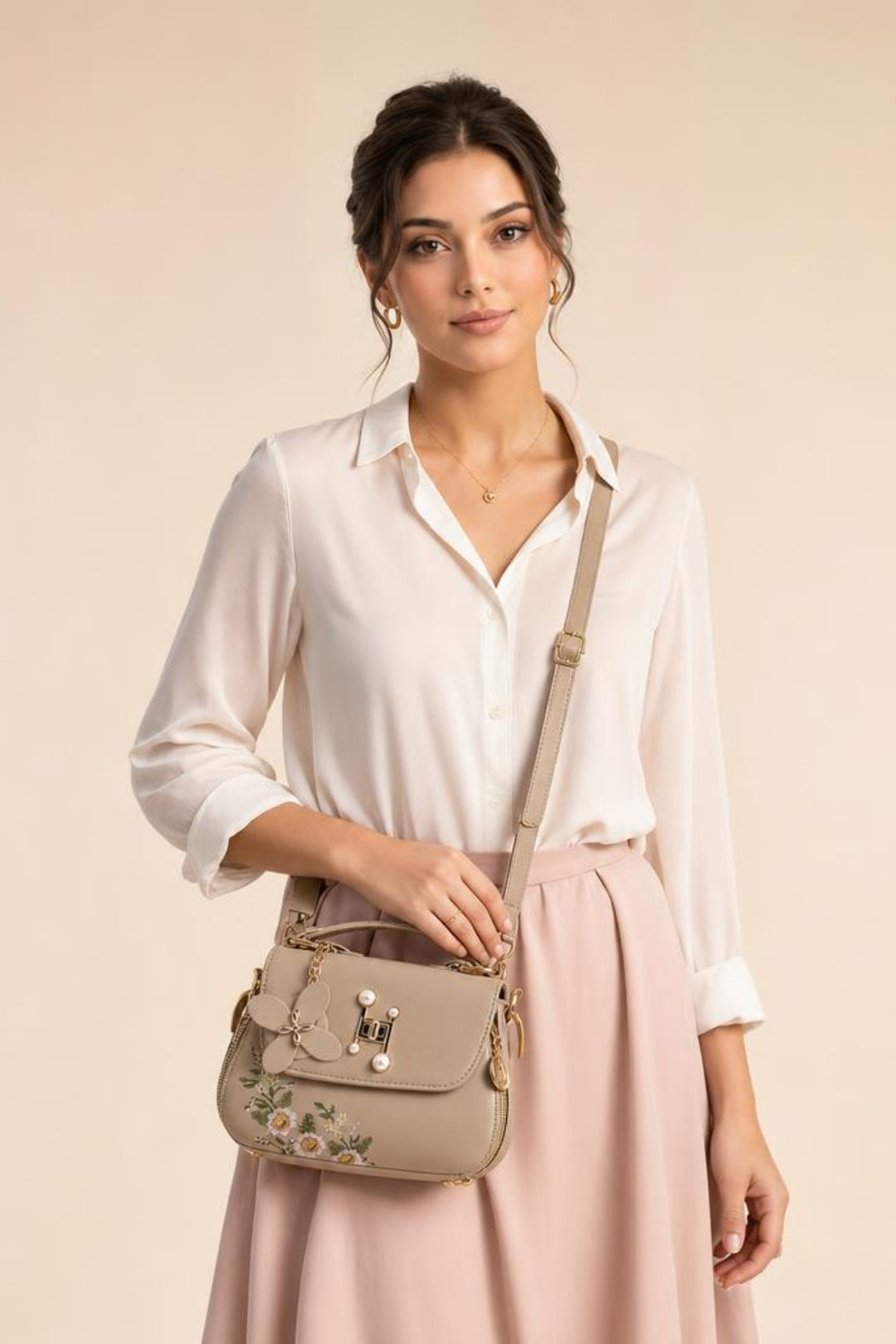 Pink Embroidered Shoulder Bag With Zip Charms, Image 1 of 5