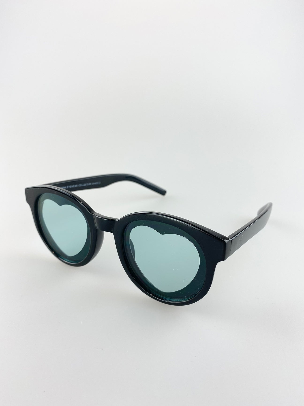 Black Plastic Round Frame Sunglasses with Heart Lenses, Image 2 of 3
