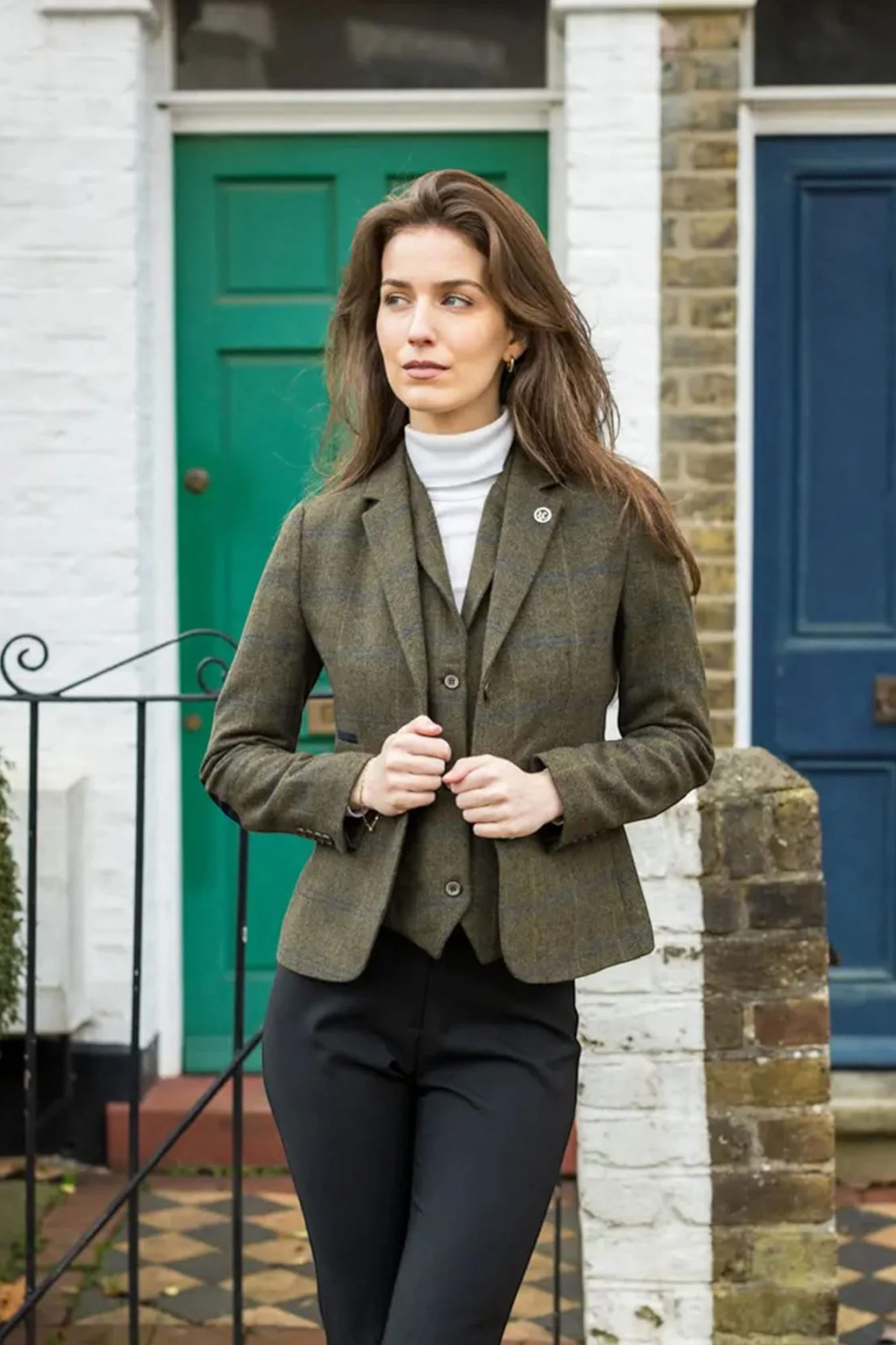 Olive Infinity Leather Olive Women's Olive Tweed Herringbone Check Blazer, Image 2 of 7