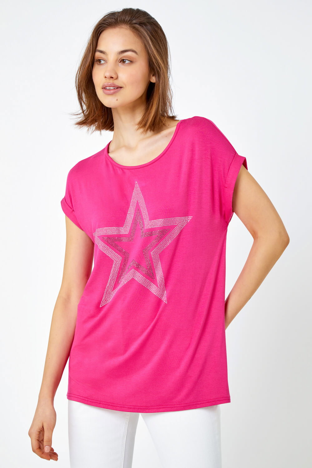Pink Embellished Star Print T-Shirt , Image 3 of 5