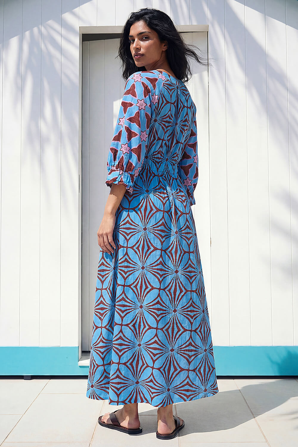 Blue Abstract Print V-Neck Maxi Dress, Image 4 of 4