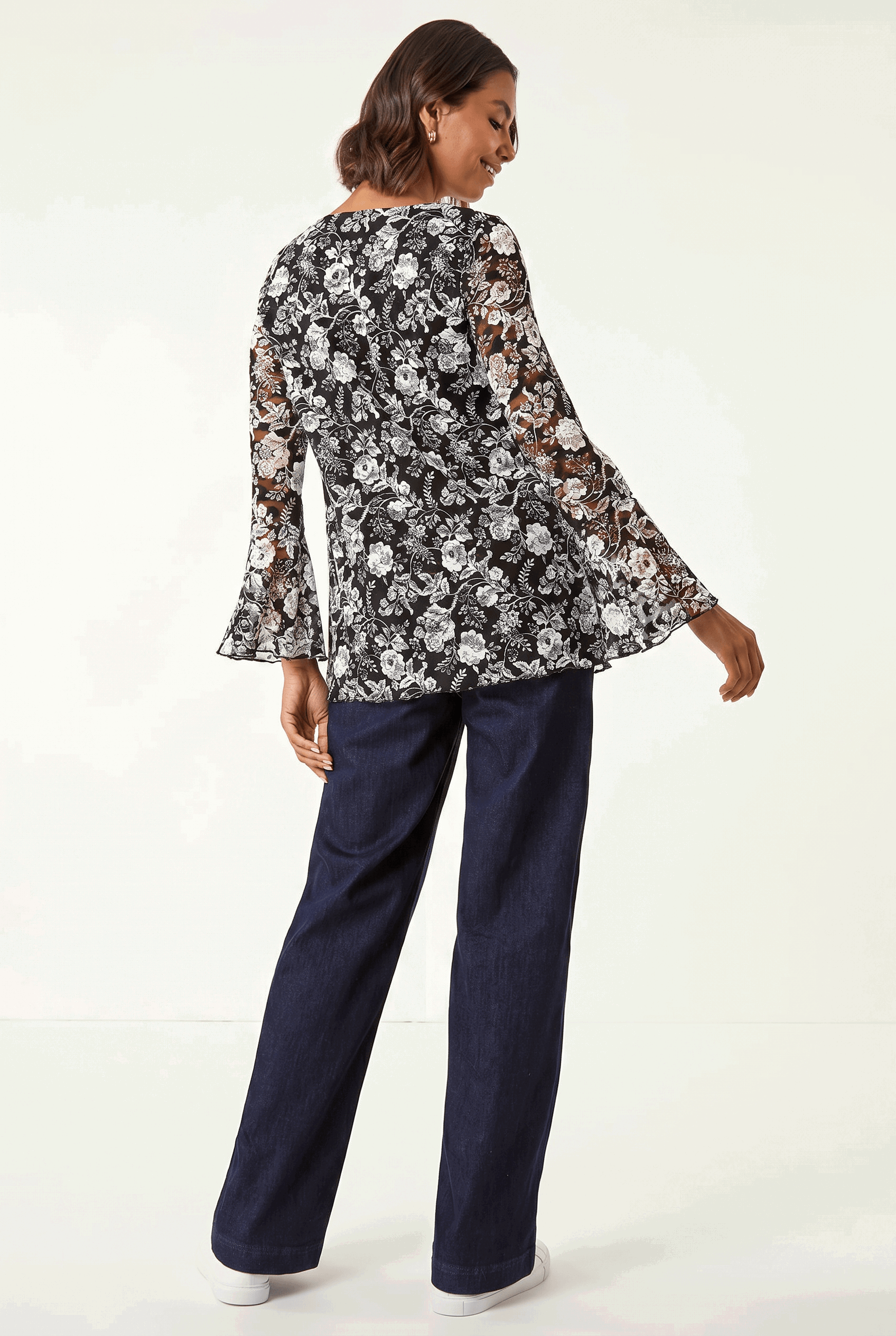Black Floral Print V-Neck Stretch Lace Top, Image 5 of 6