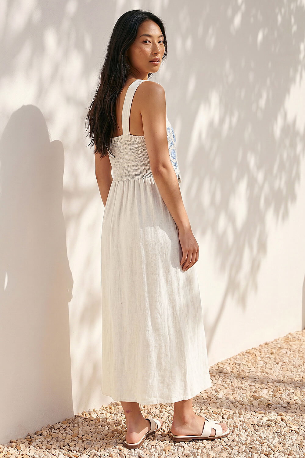 Blue Petite Crochet Top Linen Blend Maxi Dress, Image 4 of 4