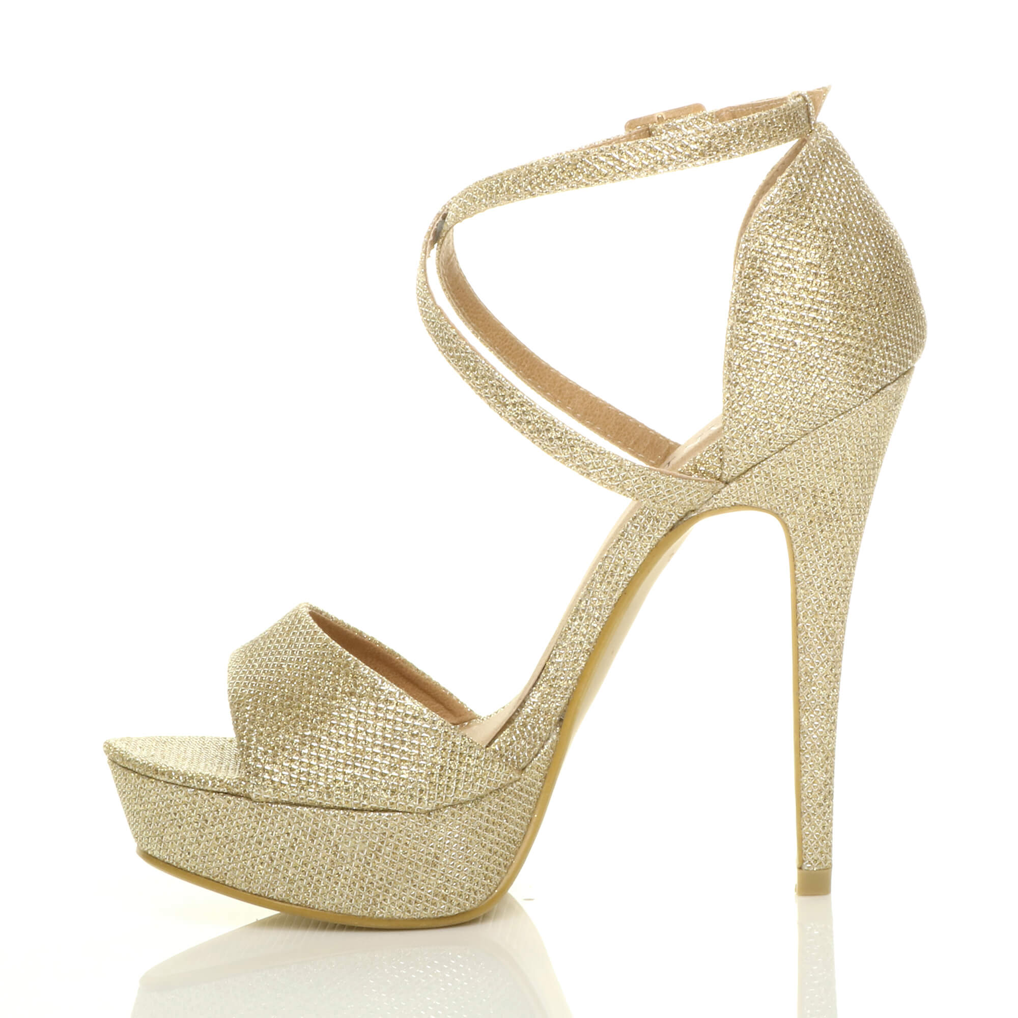 Gold High Heel Crossed Straps Platform Sandals, Image 3 of 6