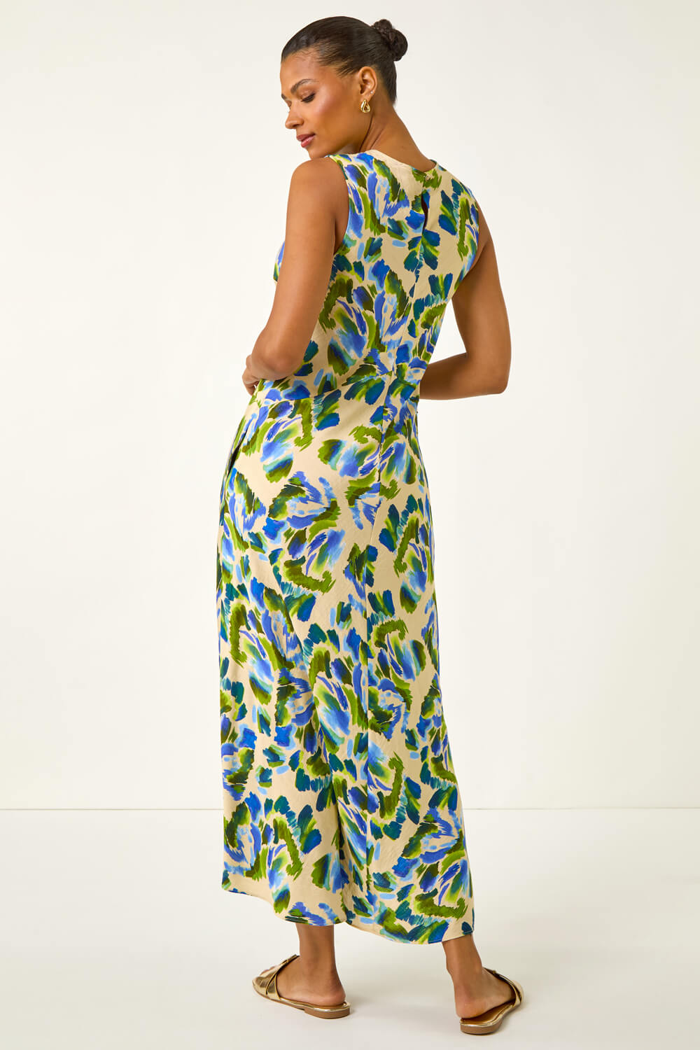 Blue Abstract Print Sleeveless Midi Dress, Image 4 of 5