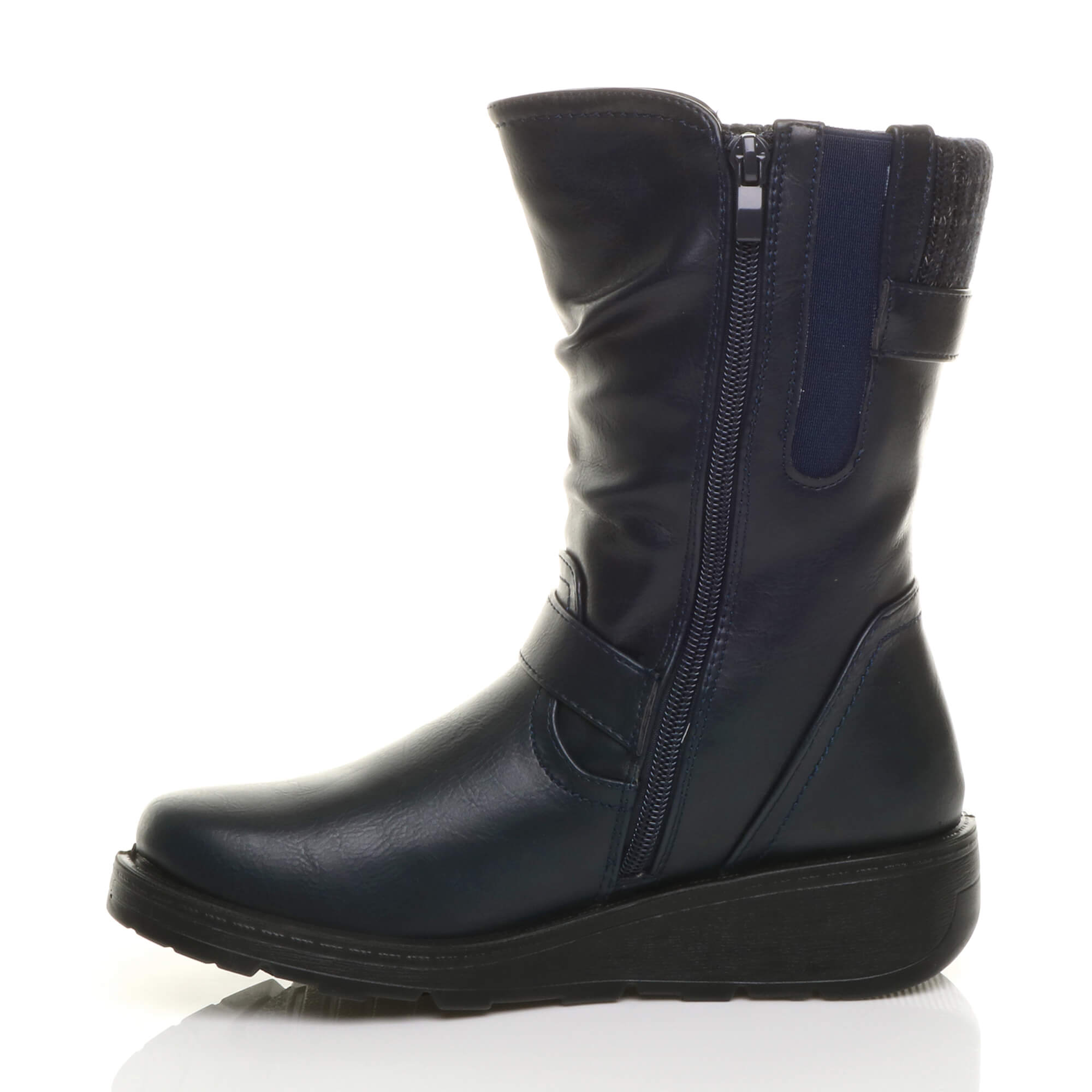 Navy Blue Low Wedge Heel Comfort Calf Biker Boots, Image 3 of 6