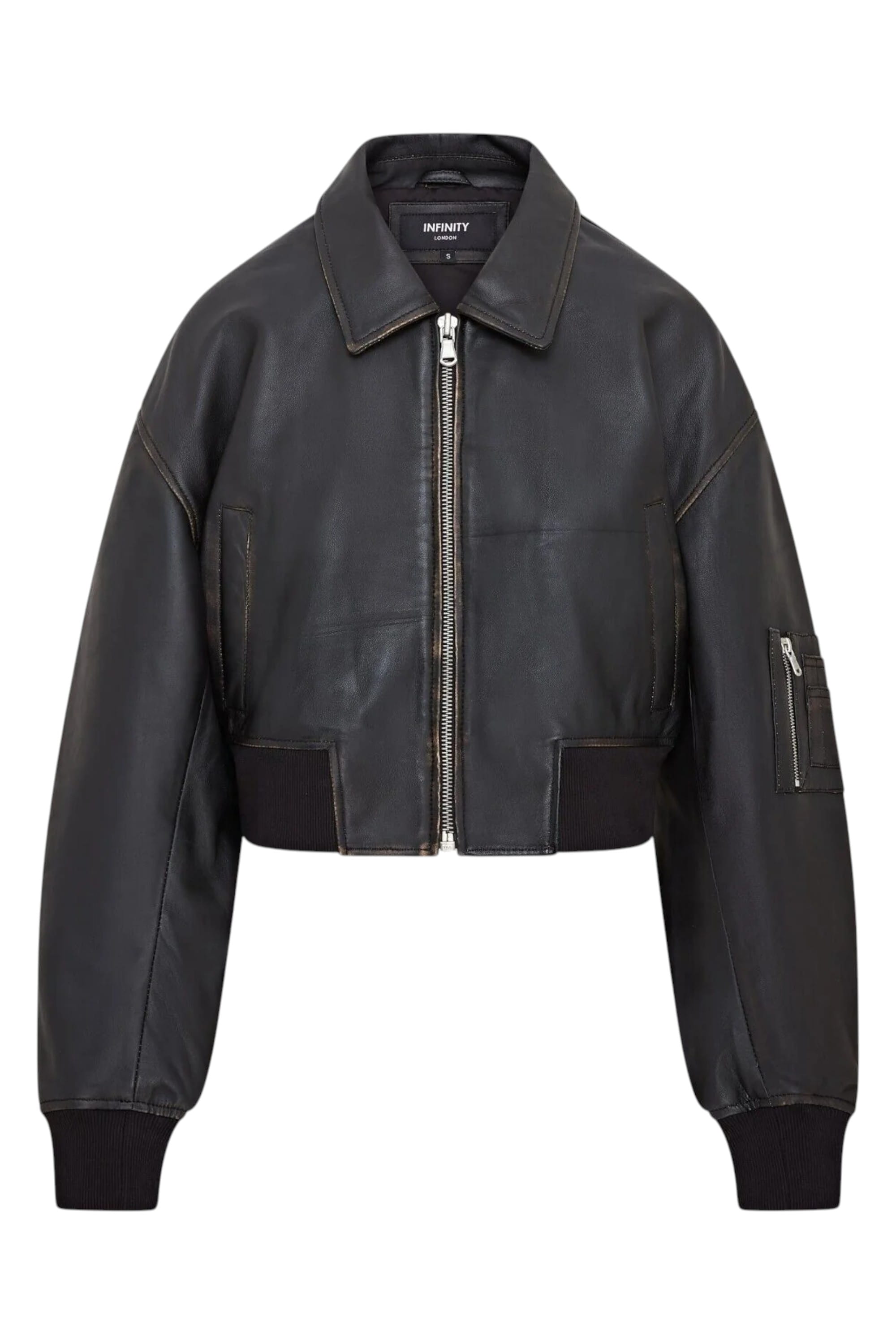 Black Womens Oversized Leather Bomber Jacket, Image 1 of 4