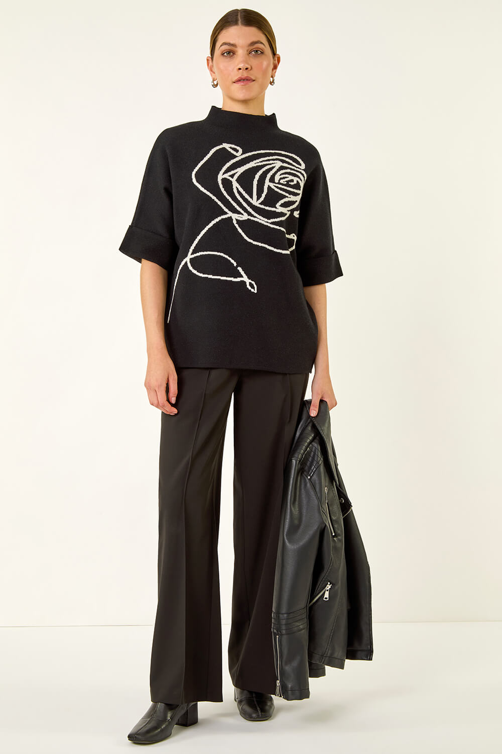 Black Rose Motif High Neck Knit Jumper, Image 3 of 5