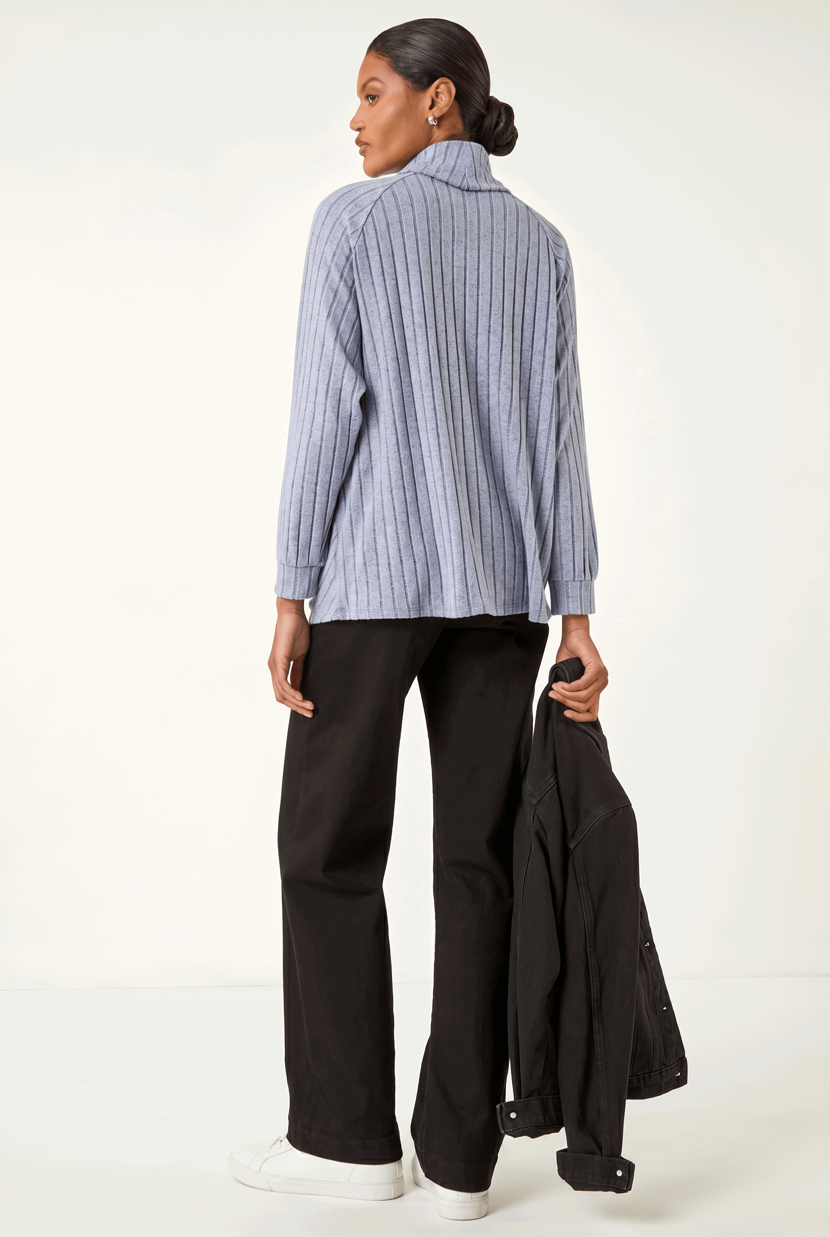 Light Blue Textured Stripe Cowl Neck Top, Image 5 of 5