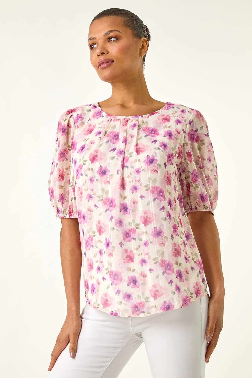 Purple Floral Print Woven Top, Image 5 of 5