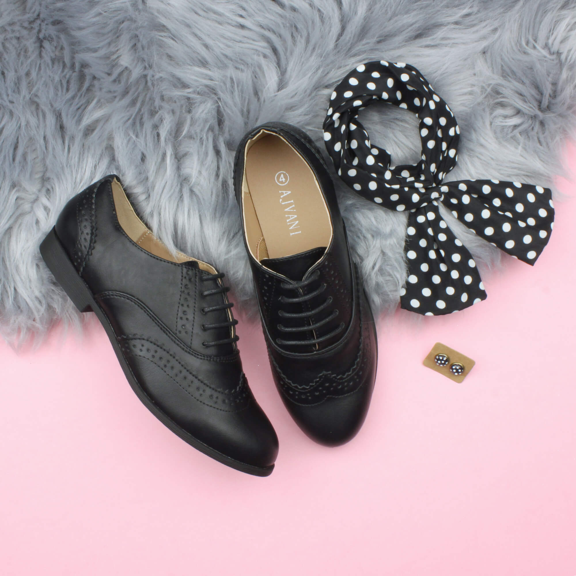 Black AJVANI Black Flat Lace Up Oxfords Brogues, Image 4 of 6