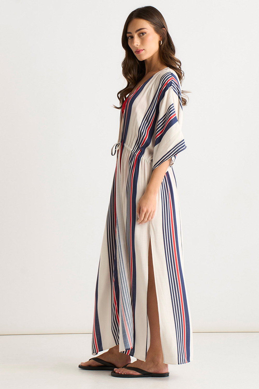 Multi Gini London Multi Stripe Tie Detail Kimono Beachwear, Image 4 of 4