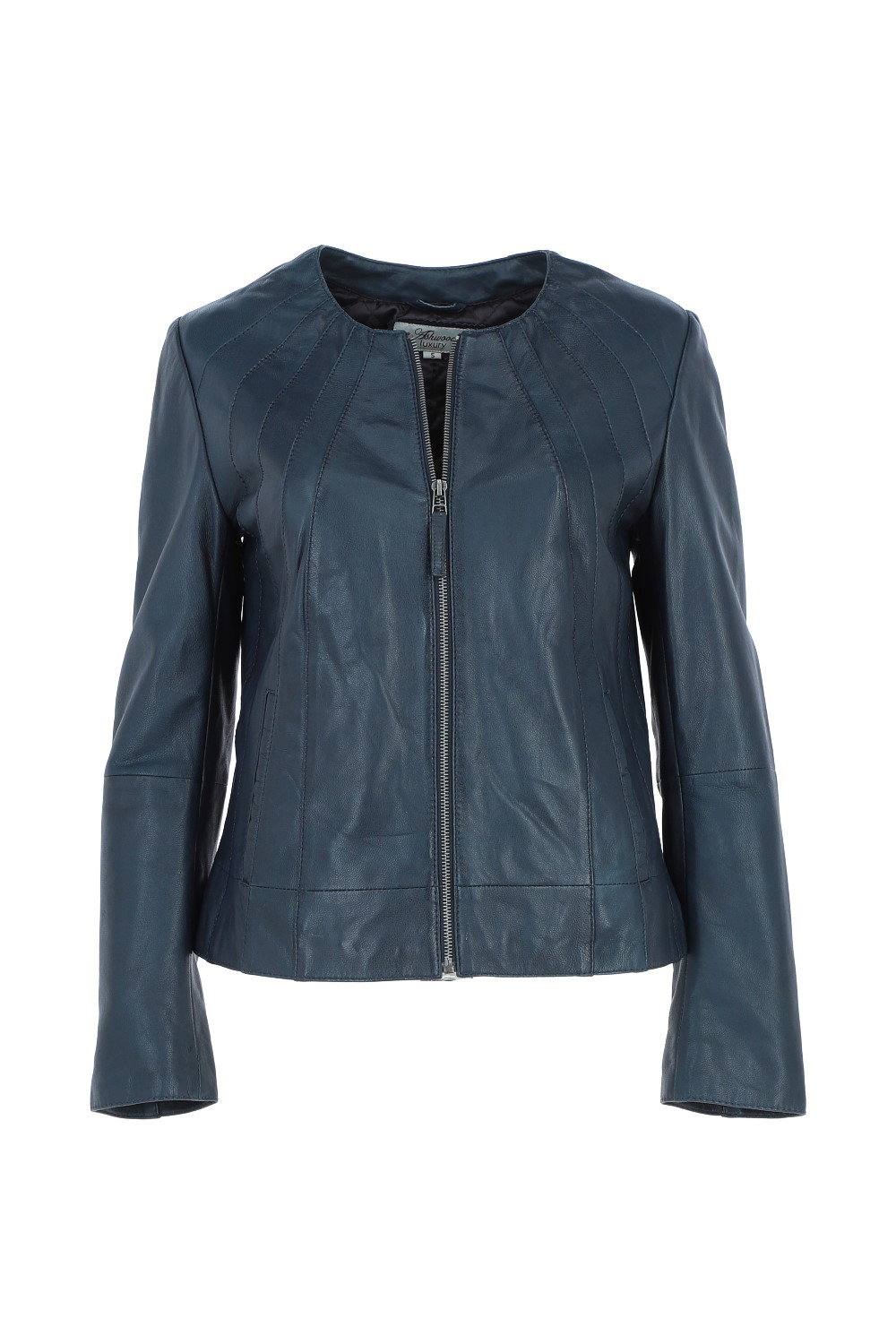 Navy 'Chambery' Collarless Real Leather Jacket, Image 2 of 5