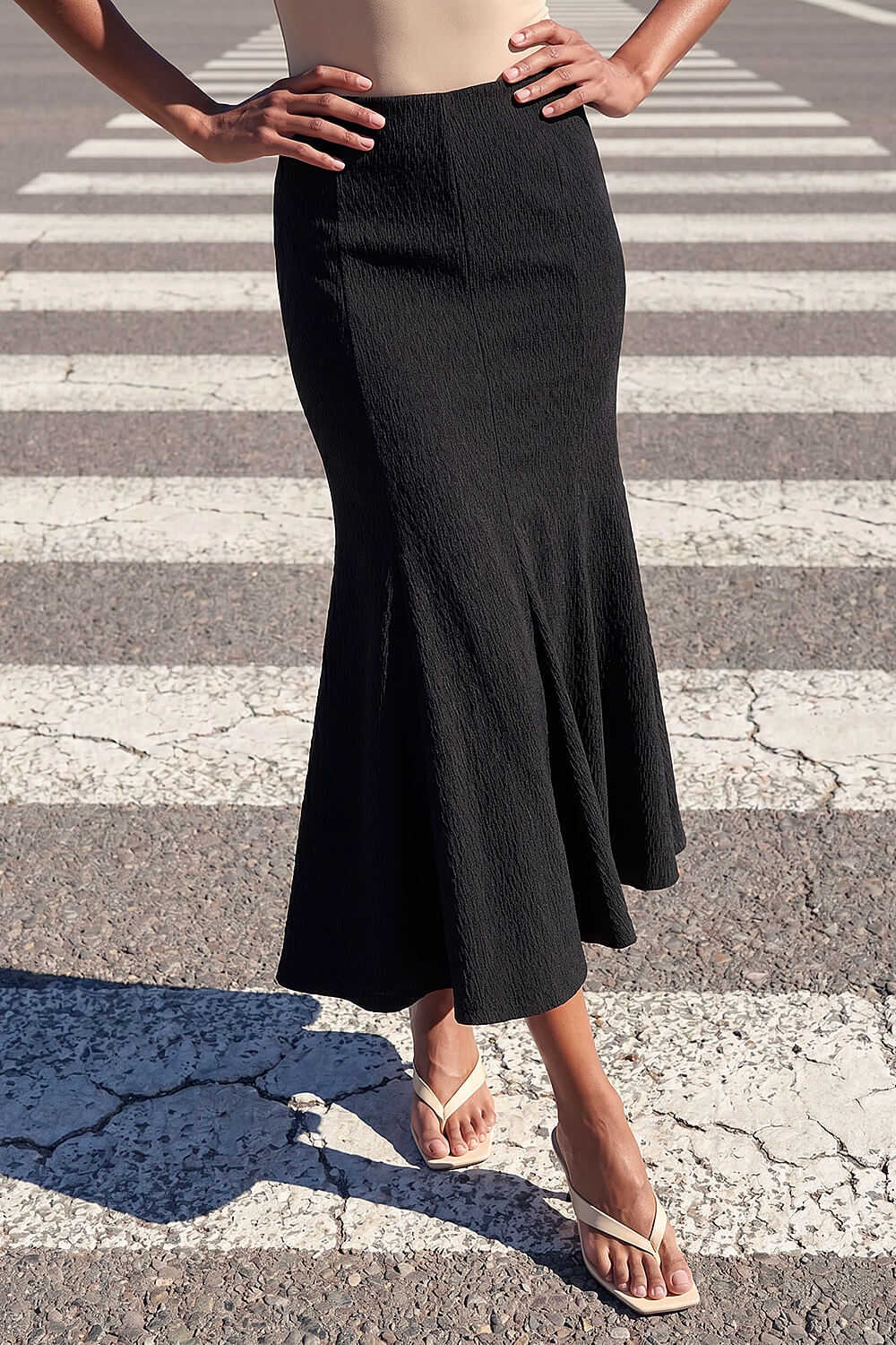 Roman Women's Black Textured Panel Stretch Maxi Skirt Size 10