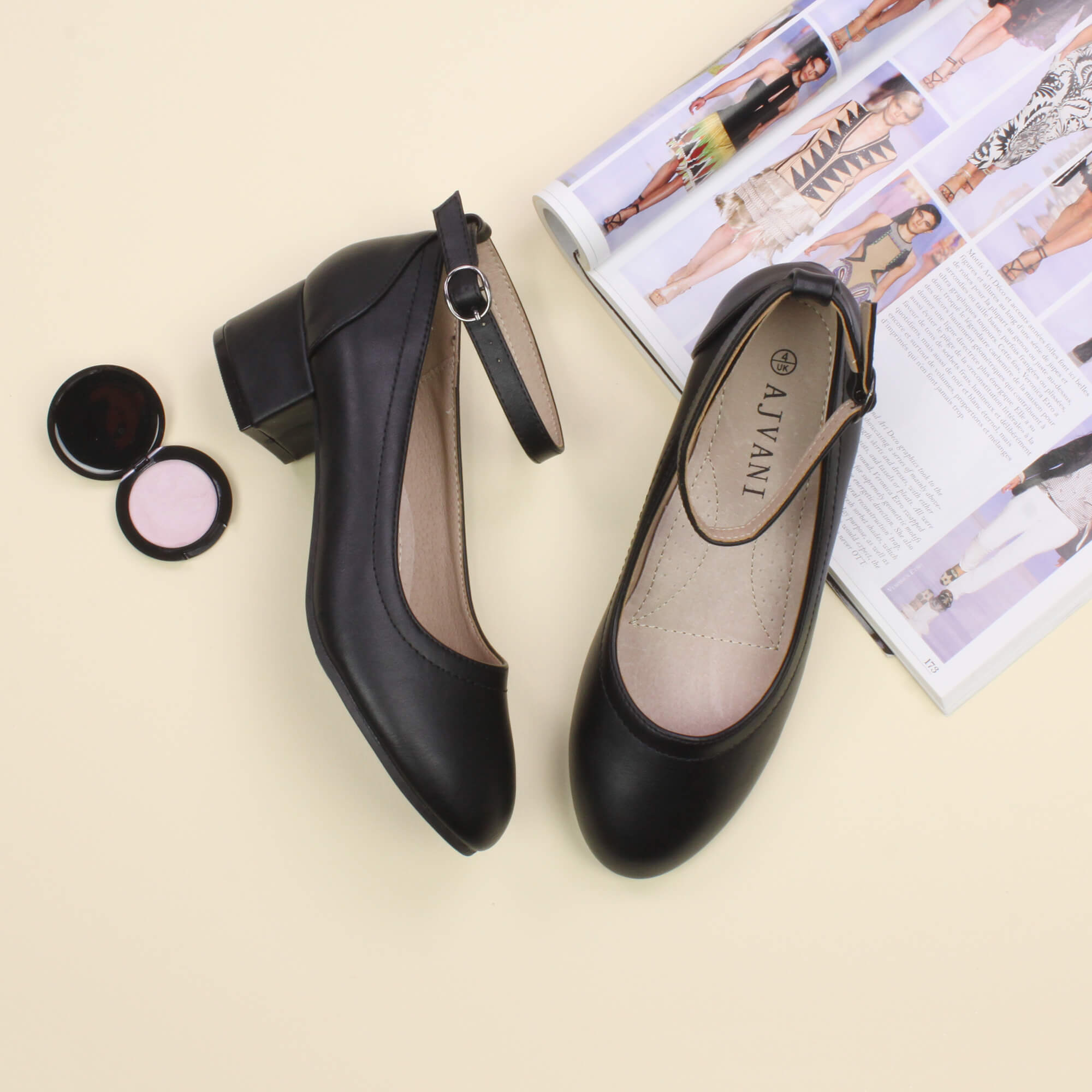 Black Low Block Heel Ankle Strap Court Shoes, Image 4 of 6