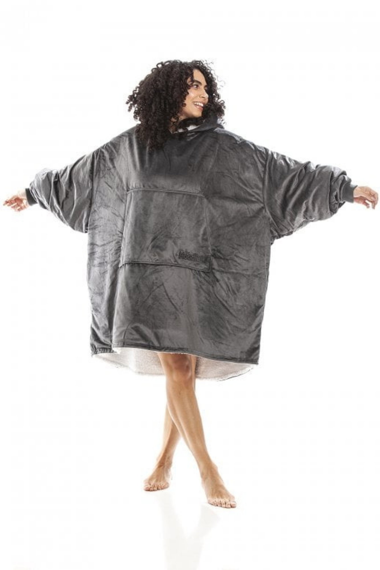 Dark Grey Camille Lingerie Dark Grey Sherpa Fleece Hoodie with Elasticated Cuffs & Giant Pocket, Image 4 of 6