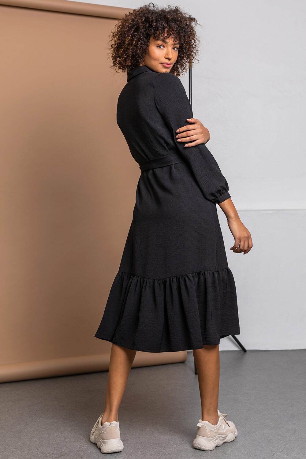 Black Tiered Midi Shirt Dress | Dusk UK