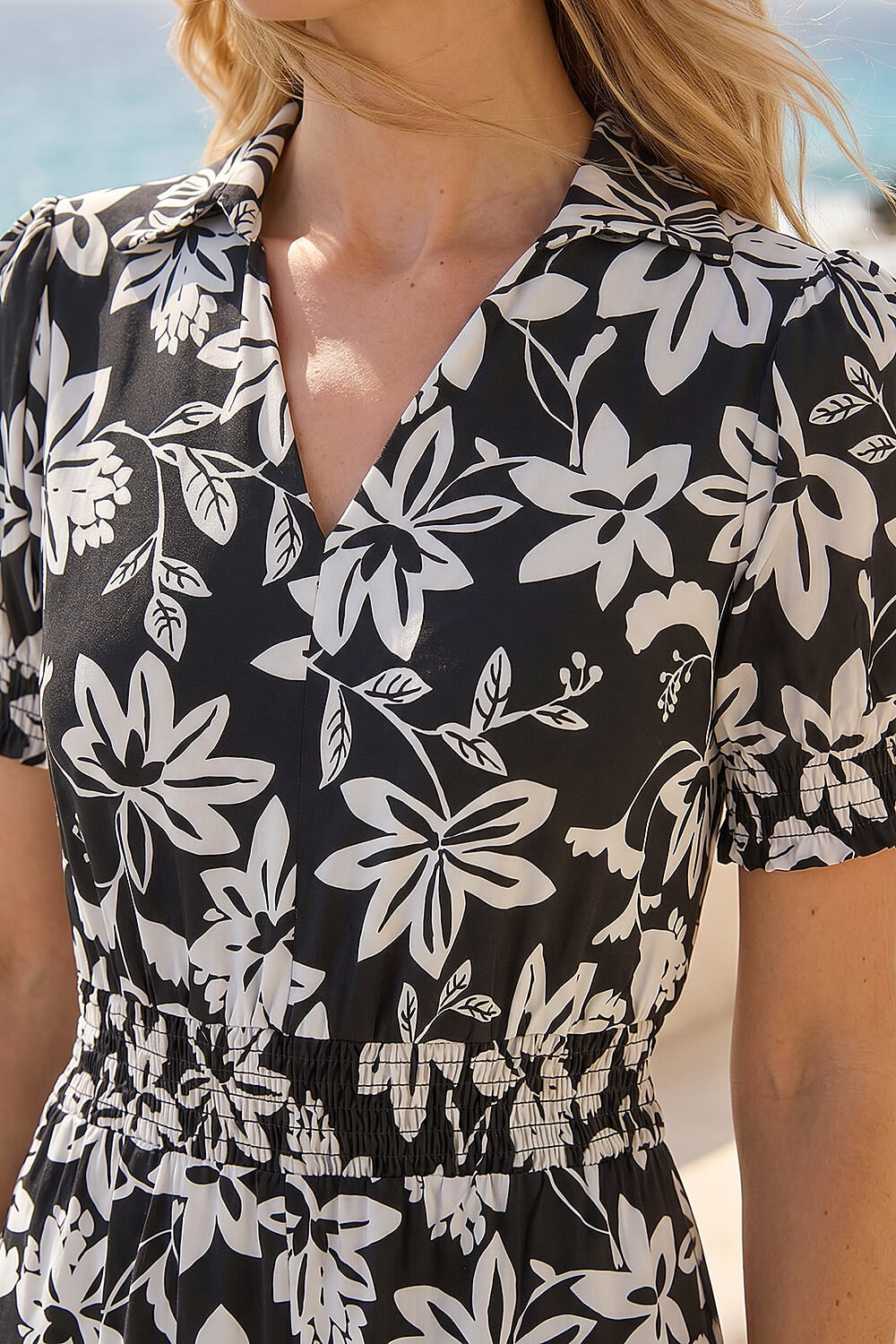 Black Floral Shirred Collared Midi Dress, Image 5 of 4