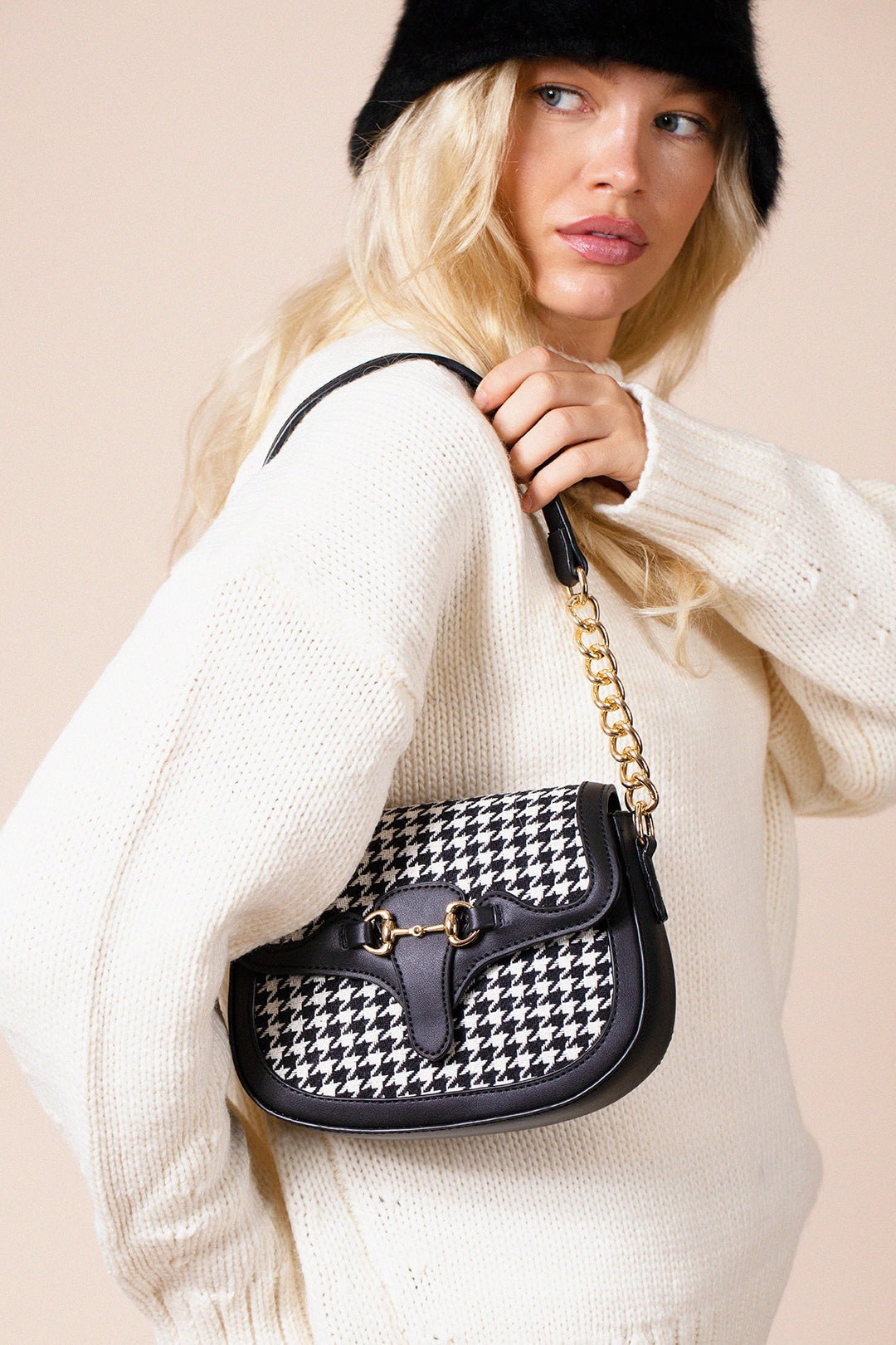 Black Houndstooth Shoulder Bag in Black & White, Image 2 of 4