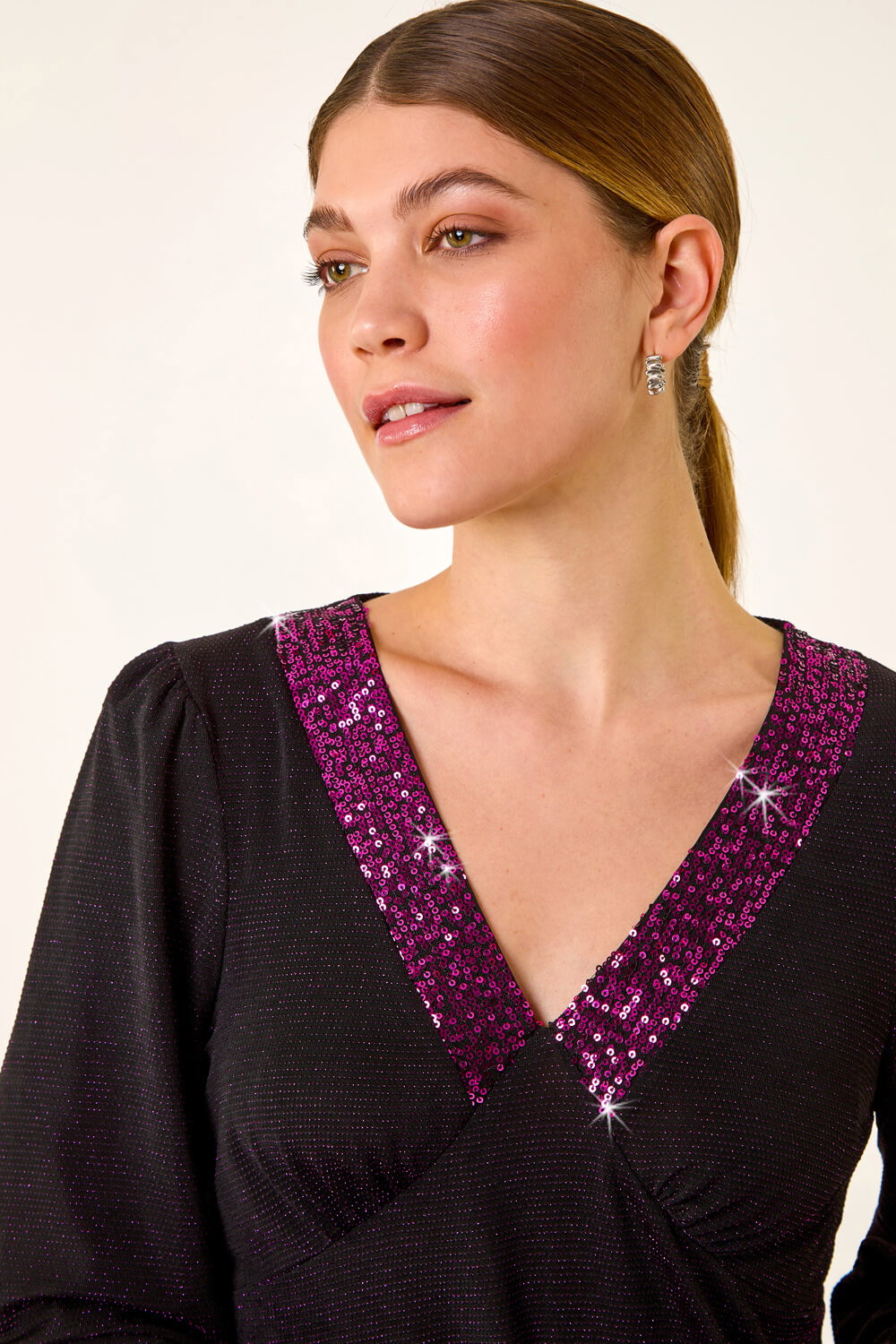 Fuchsia Shimmer Sequin V-Neck Top, Image 5 of 5