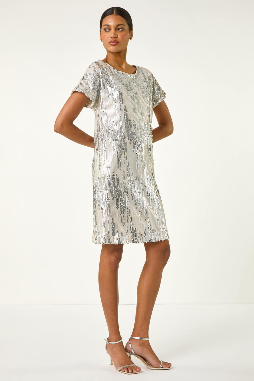 Silver Sequin Shimmer Stretch Dress, Image 3 of 5