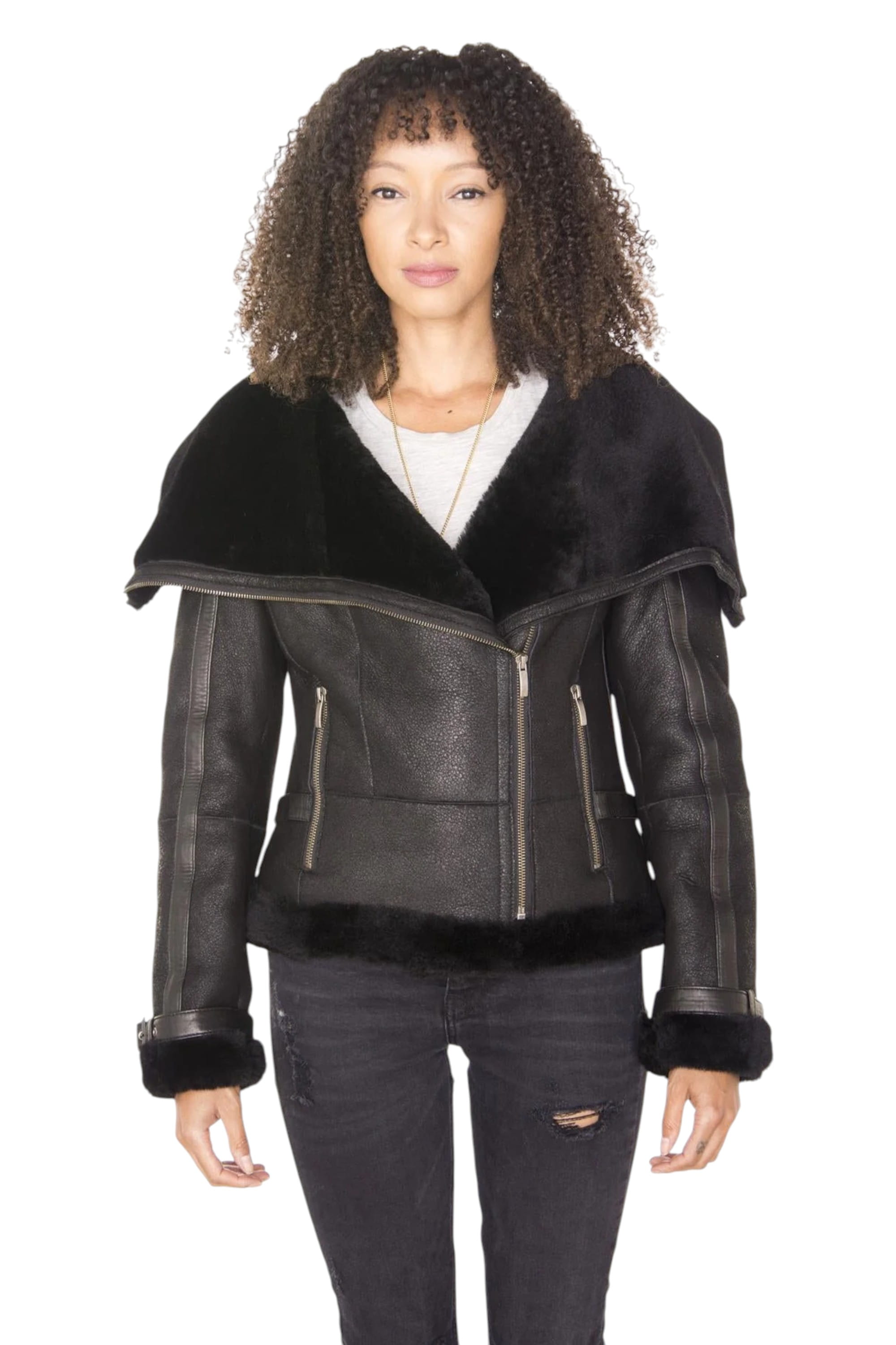 Black Merino Sheepskin Aviator Leather Jacket, Image 1 of 6