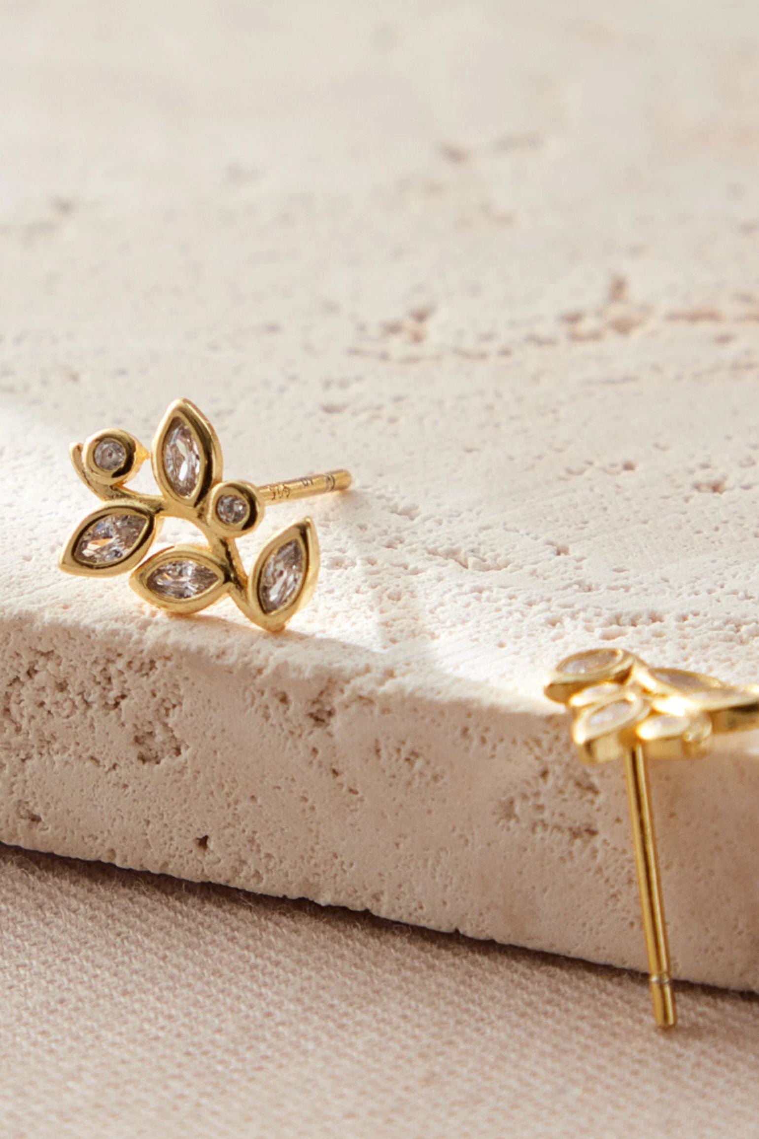 Gold Sterling Silver Crystal Leaf Studs, Image 2 of 2