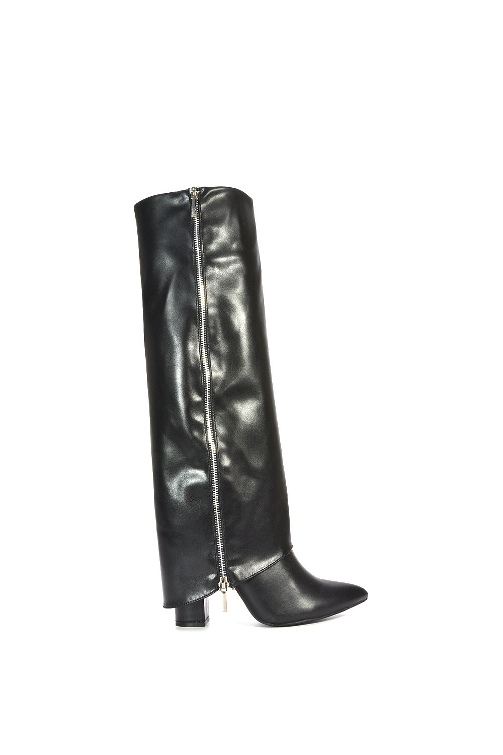 Black 'Allie' Knee High Boots Fold Over Point Toe Deco Zip, Image 1 of 6