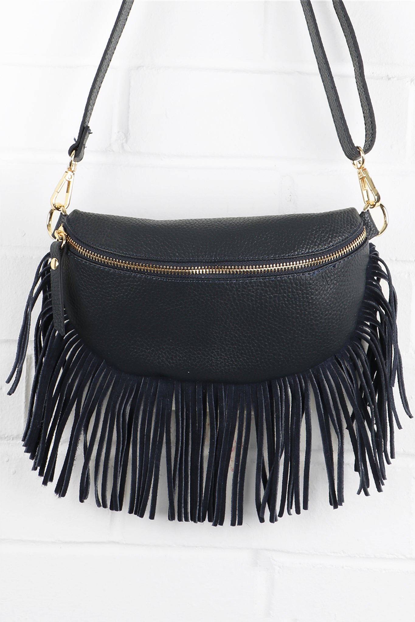 Navy Blue Fringed Half Moon Leather Crossbody Bag, Image 1 of 2