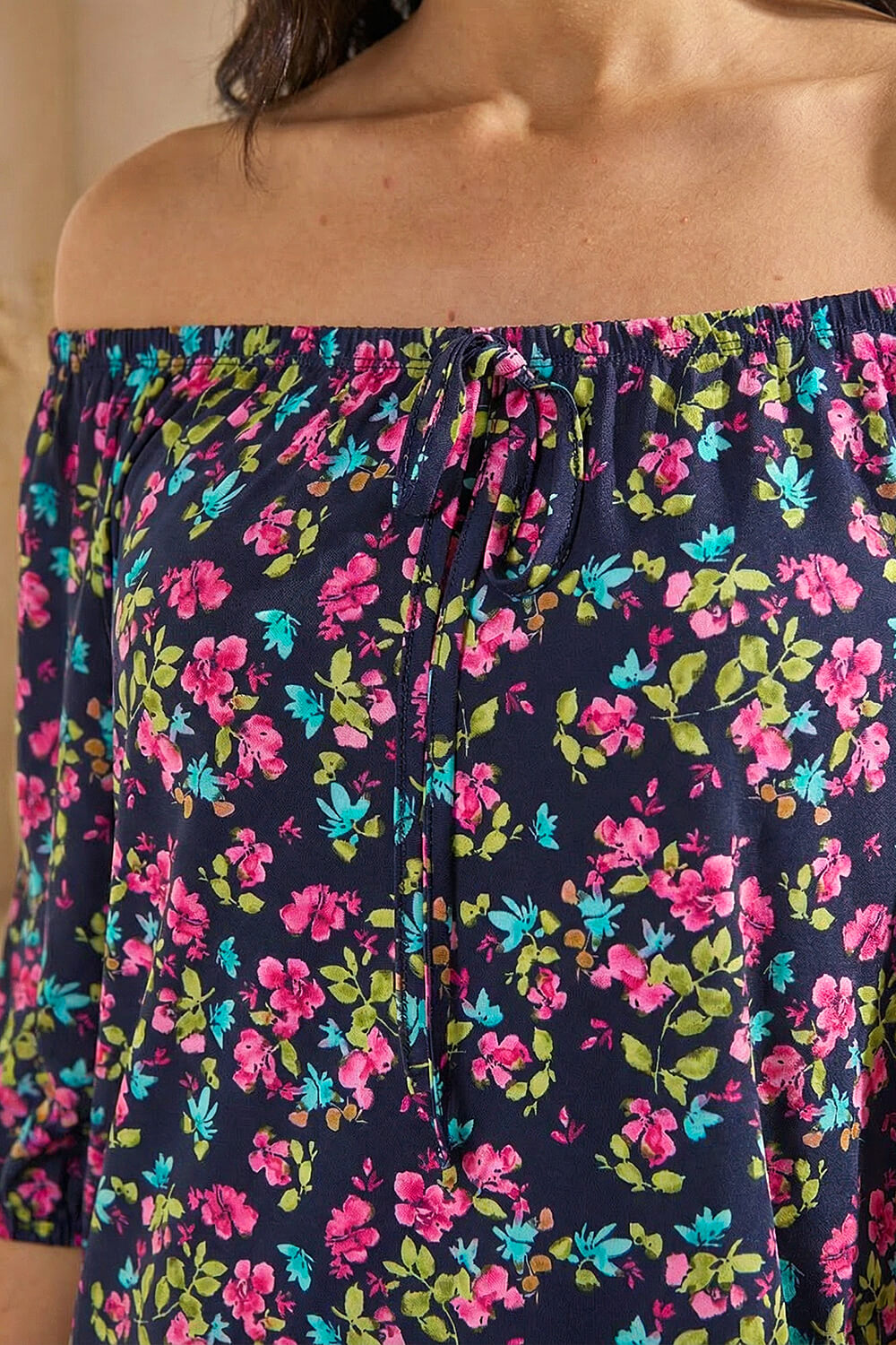 Pink Floral Print Stretch Bardot Top, Image 5 of 4