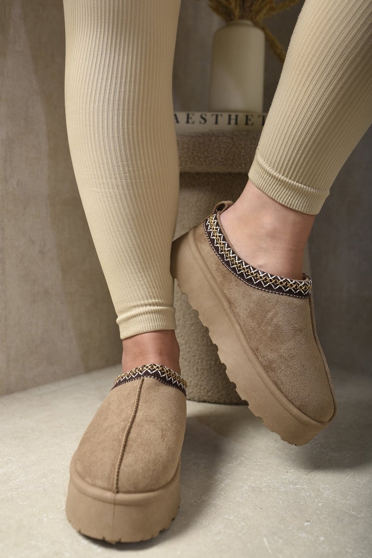 Camel iKrush Camel Jolene Aztec Detail Low Ankle Platform Slipper Boots, Image 8 of 8