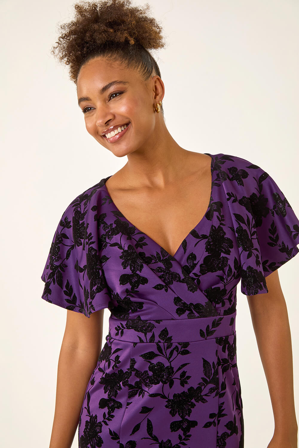 Purple Glitter Floral Flocked Flutter Dress, Image 6 of 6