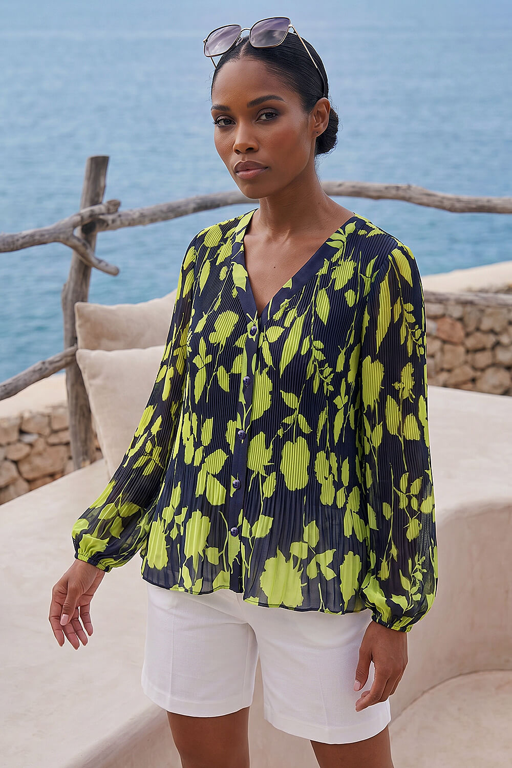 Navy Floral Print Pleated Blouse, Image 1 of 4