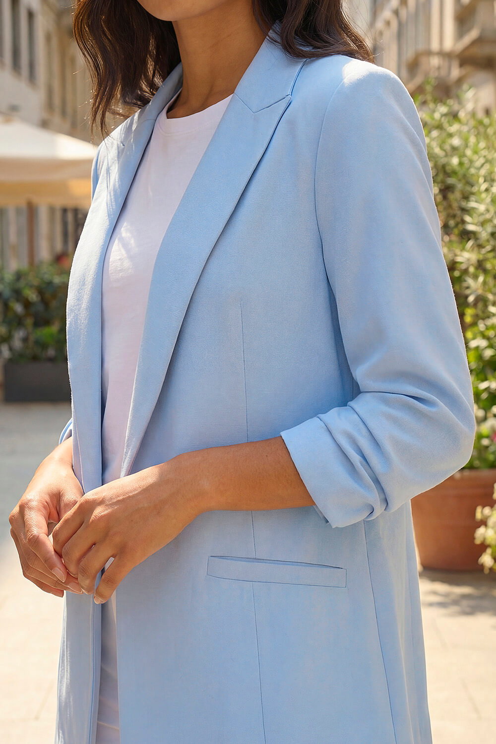 Light Blue Tailored Ruched Sleeve Stretch Blazer, Image 5 of 4