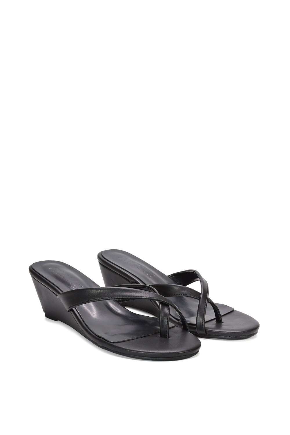 Black 'Rosa' Mid Wedge Heel Sandal Mules With Toe Post, Image 3 of 6