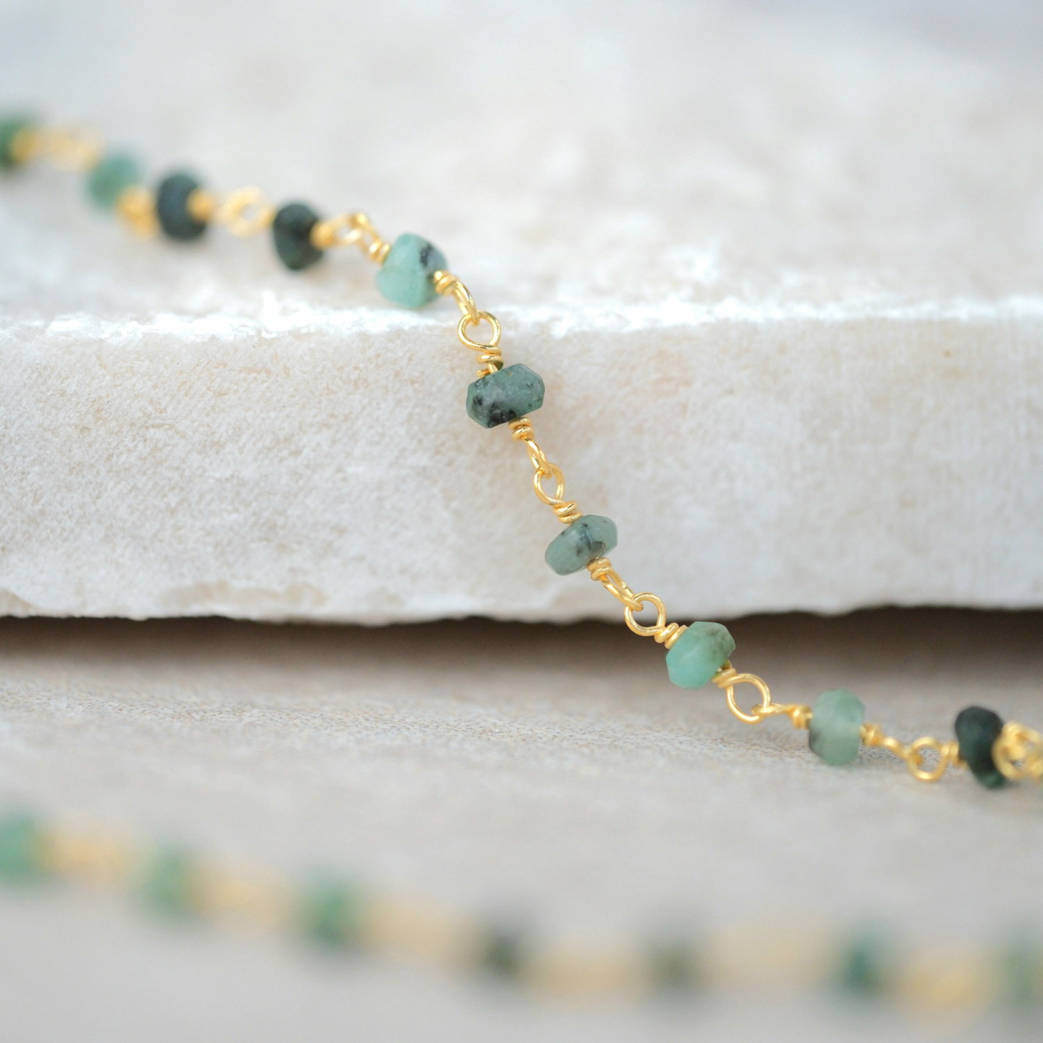Gold Raw Green Emerald Beaded Delicate Gold Plated Necklace, Image 3 of 3