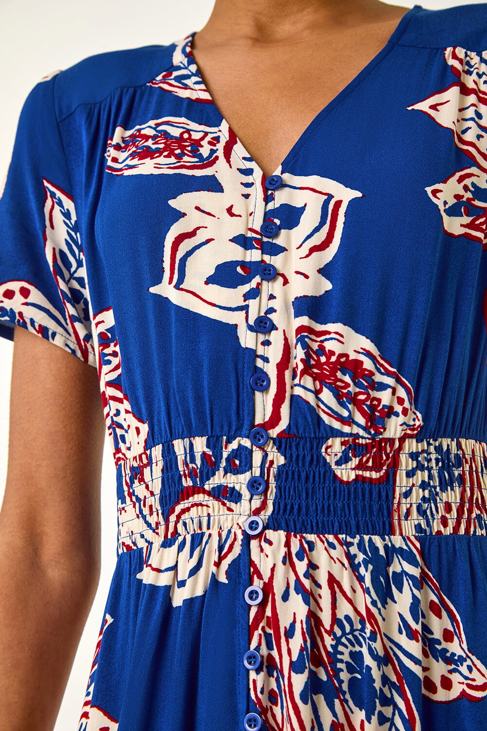 Blue Leaf Print Shirred Maxi Dress, Image 6 of 5