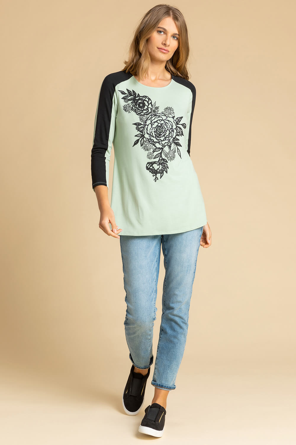 Sage Floral Embellished Contrast Print Top, Image 4 of 4