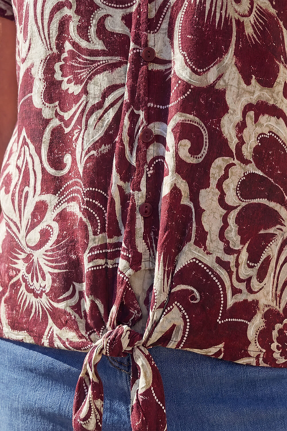 Wine Floral Print Tie Front V-Neck Top, Image 5 of 4