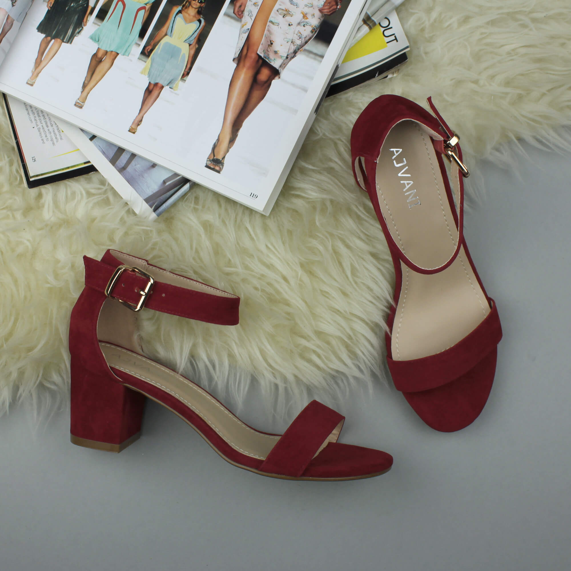 Red AJVANI Red Mid Block Heel Ankle Strap Sandals, Image 4 of 6