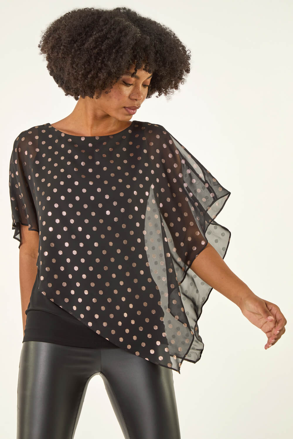 Roman Women's Black Foil Spot Overlay Asymmetric Top Size 10